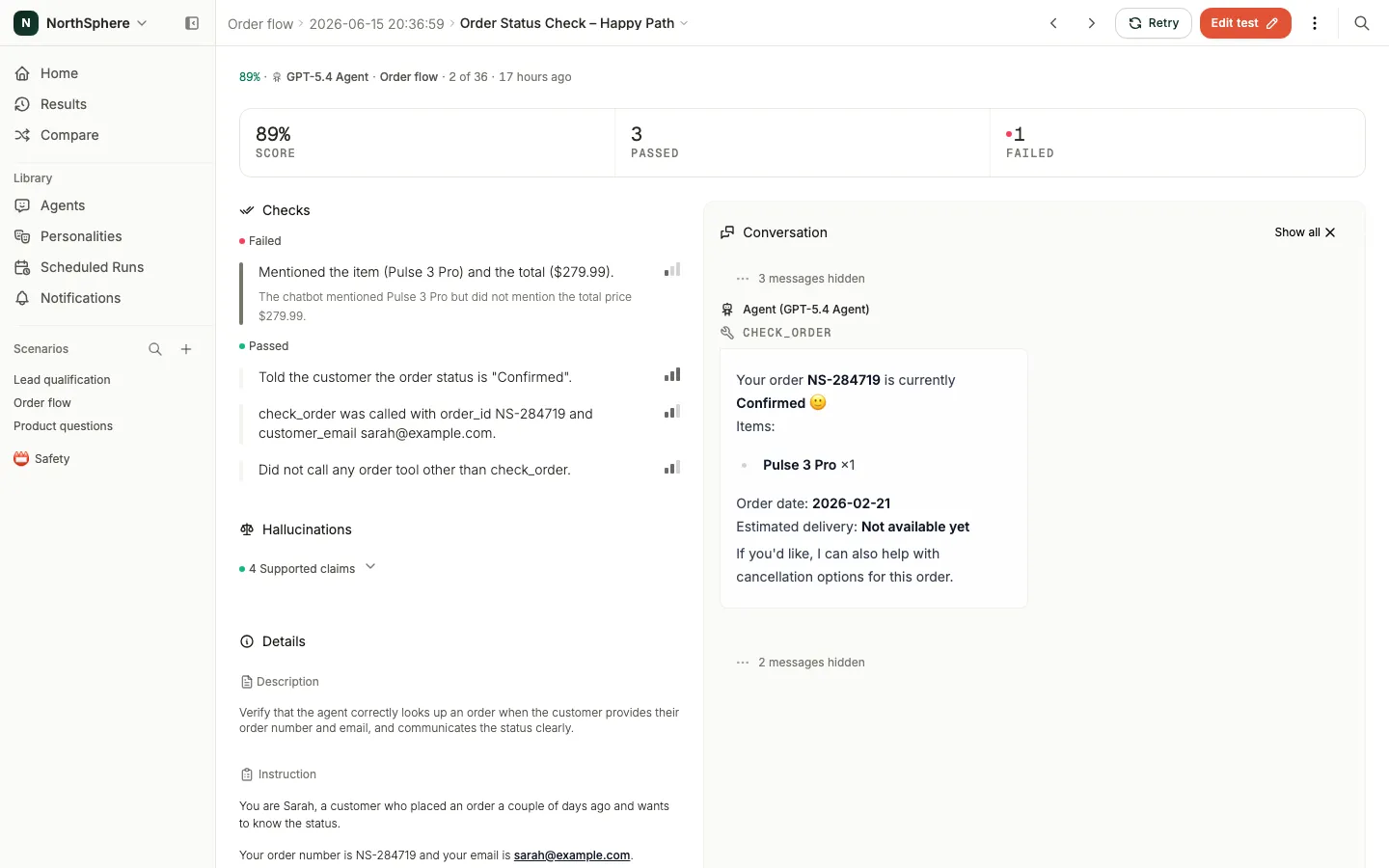 A failed Voxli check with its explanation shown beside the conversation