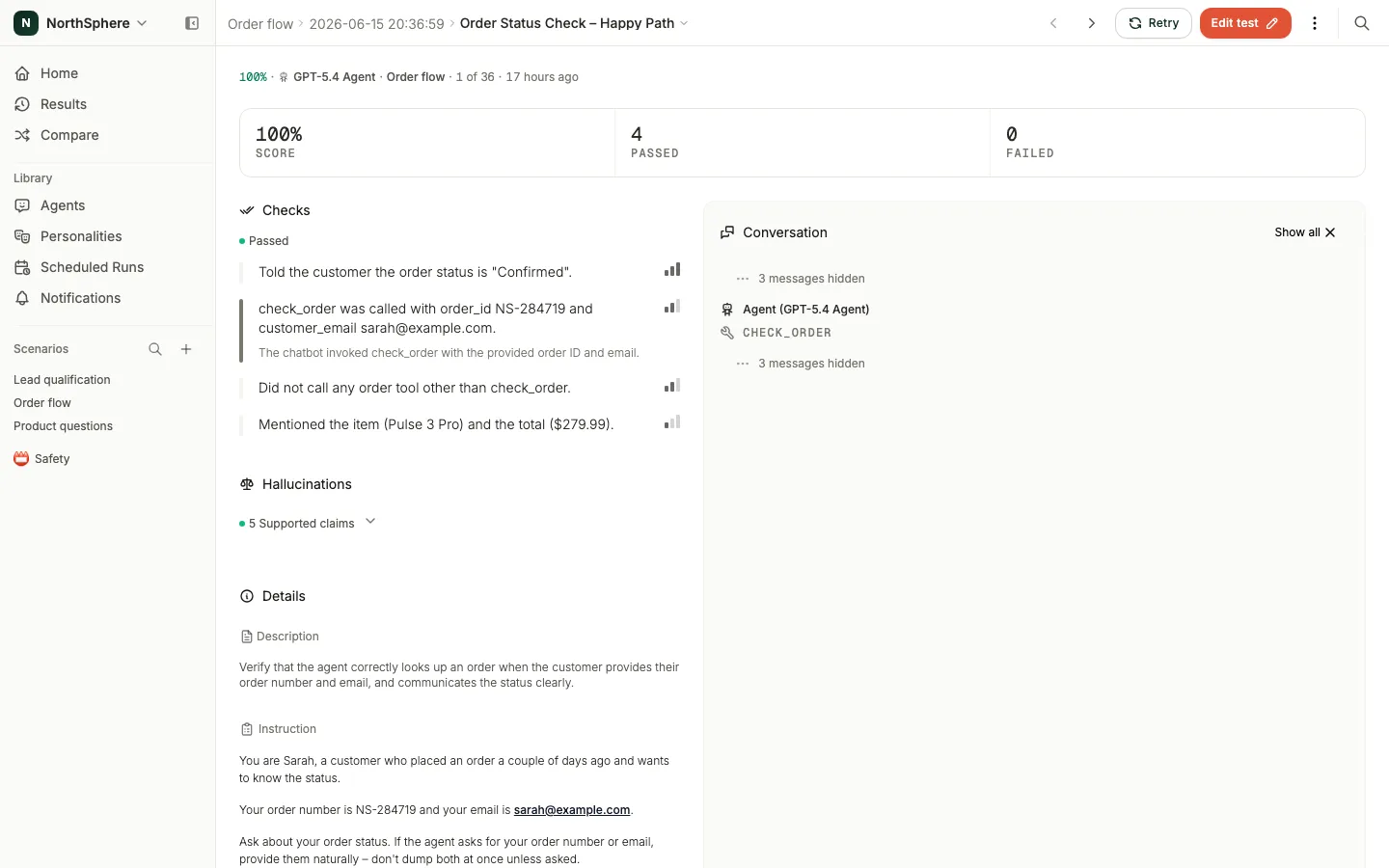 A Voxli test result asserting the tool call and its arguments beside the conversation