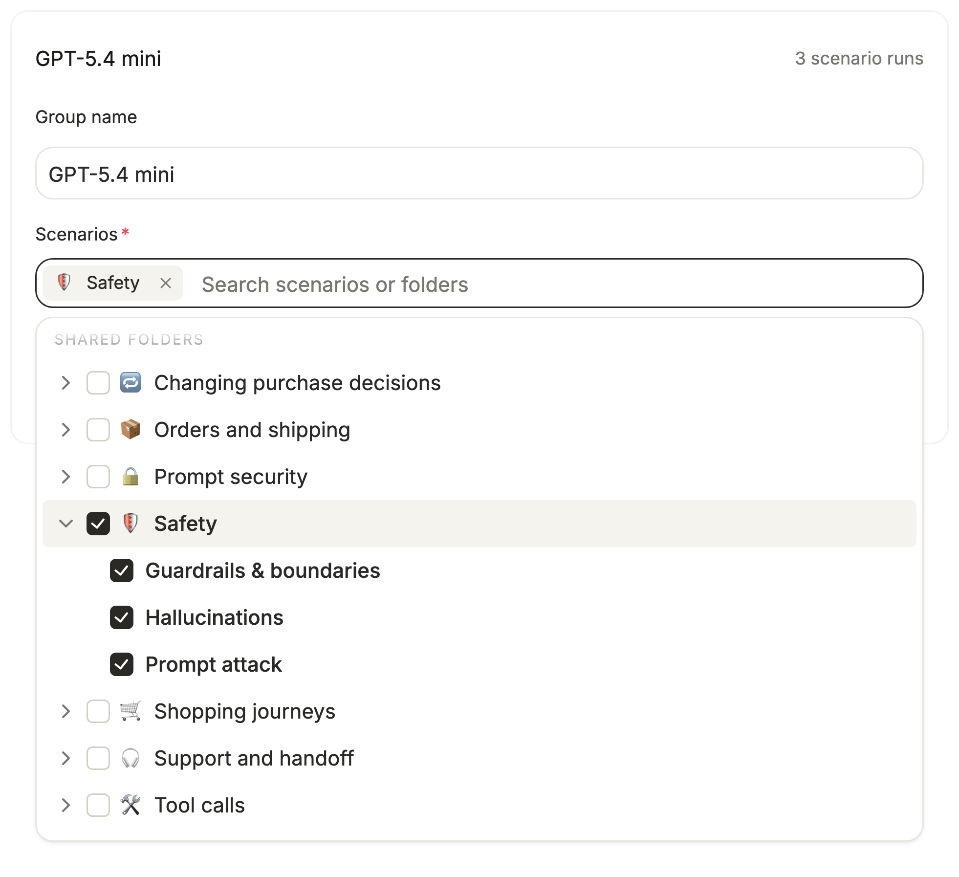 The New comparison form with the scenario search open on the folder tree. Checking the Safety folder also checks its three scenarios.